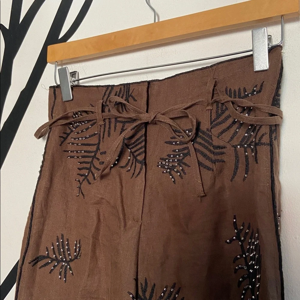 NWOT Zara ZW Collection embroidered hemp wide leg chocolate brown pants